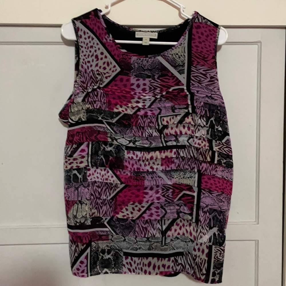 Dana Buchanan purple and black sleeveless business casual stylish chic blouse